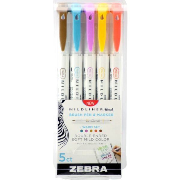 Zebra Pen Mildliner Brush Double-ended Creative Marker Warm Color Pack Fine Marker Point - Brush Marker Point Style - Gold Pigment-based, Magenta, Brown, Vermillion, Smoke Blue...