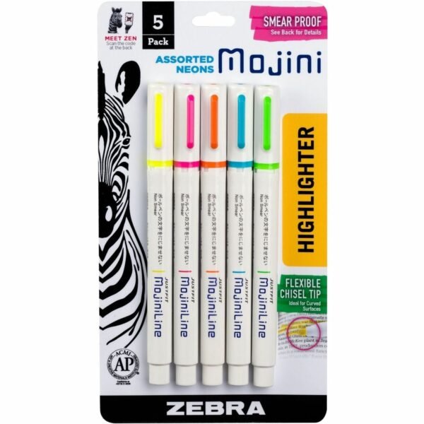 Zebra Pen Mojini Single Ended Highlighters 4 mm Chisel Marker Point - Water Based - 5 / Pack (70205)