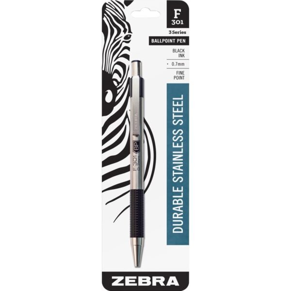 Zebra STEEL 3 Series F-301 Retractable Ballpoint Pen 0.7 mm Fine Pen Point - Refillable - Retractable - Black Ink - Stainless Steel Barrel - 1 Each (27111)