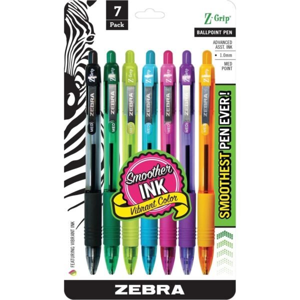 Zebra Z-Grip Retractable Ballpoint Pens 1 mm Medium Pen Point - Retractable - Assorted Ink - Assorted Barrel - 7 / Pack (22276)