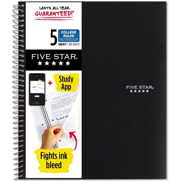 Acco Five Star Notebook 5 Subject(s) - 200 Sheets - Wire Bound - College Ruled Front Ruling - 3 Hole(s) - Letter - 8 1/2" x 11" Sheet Size - Black Cover - Bleed Resistant,...