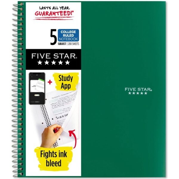 Acco Five Star Wirebound College Rule 5 - subject Notebook - Letter 200 Sheets - Wire Bound - College Ruled Front Ruling - Letter - 8 1/2" x 11" Sheet Size - Green Cover - 1...