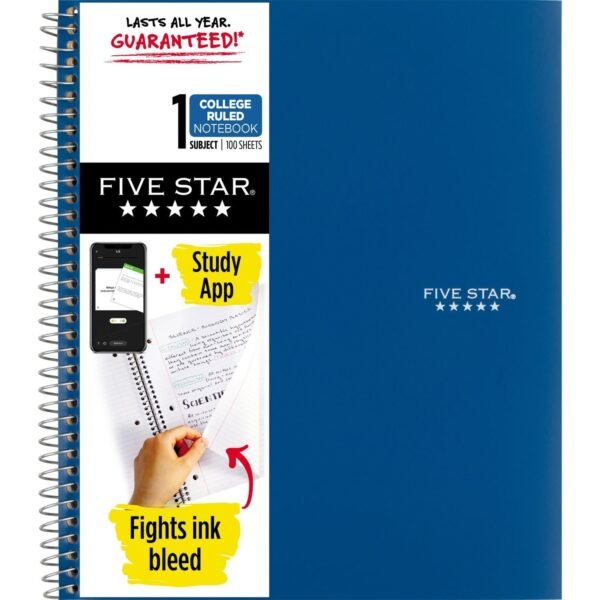 Acco Five Star Wirebound Notebook 1 Subject(s) - 100 Pages - Wire Bound - College Ruled Front Ruling - Letter - 8 1/2" x 11" Sheet Size - Blue Cover - Double Sided Sheet,...