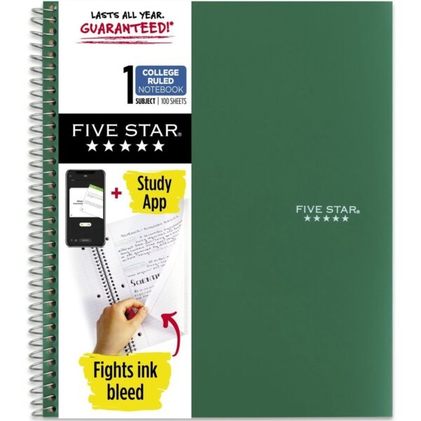 Acco Five Star Wirebound Notebook 1 Subject(s) - 100 Sheets - 100 Pages - Wire Bound - Letter - 8 1/2" x 11" Sheet Size - Forest Green Plastic Cover - Double Sided Sheet, Bleed...