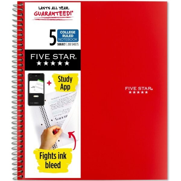 Acco Five Star Wirebound Notebook 5 Subject(s) - 200 Pages - Wire Bound - College Ruled Front Ruling - Letter - 8 1/2" x 11" Sheet Size - Red Cover - Double Sided Sheet,...