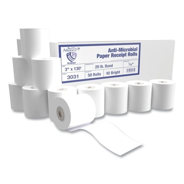 Alliance Armor Antimicrobial Receipt Roll Paper, 3" x 130 ft, White, 50/Carton (3031)
