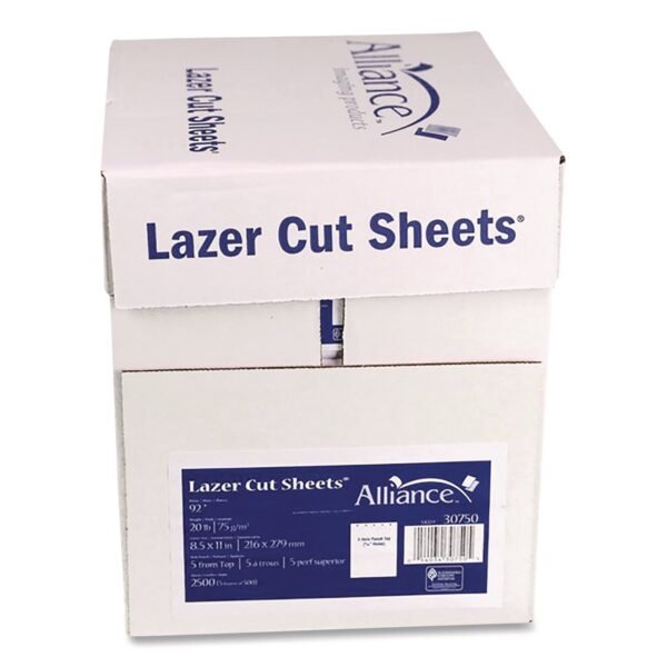 Alliance Laser Cut Sheets, 92 Bright, Side: 5-Hole Punched, 20 lb Bond Weight, 8.5 x 11, White, 500 Sheets/Ream, 5 Reams/Carton (30750AA)
