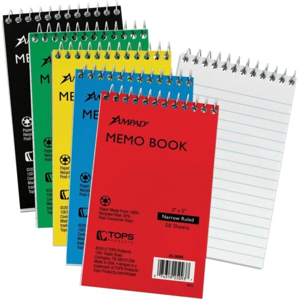 Ampad Topbound Memo Notebooks 50 Sheets - Wire Bound - 3" x 5" Sheet Size - White Paper - Assorted Pressboard Cover - Rigid, Mediumweight - Recycled - 5 / Bundle (25093BD)