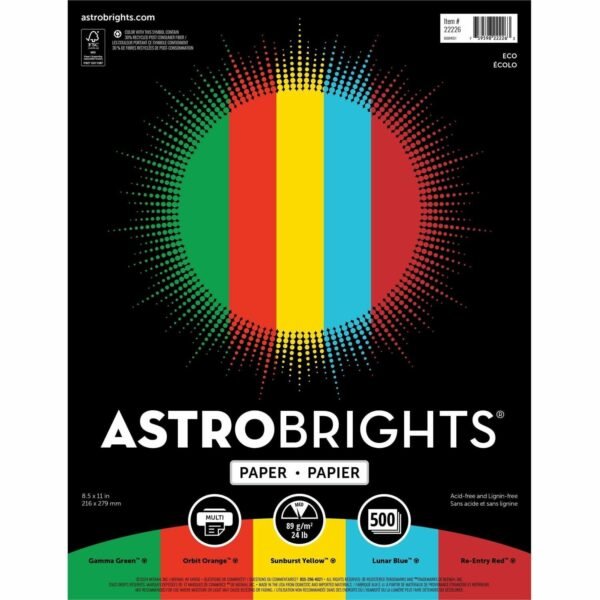 Astrobrights Color Paper - Assorted Letter - 8 1/2" x 11" - 24 lb Basis Weight - Green Seal - Acid-free, Lignin-free - Gamma Green, Re-entry Red, Orbit Orange, Sunburst Yellow -...