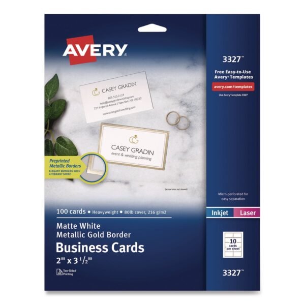 Avery Business Cards with Metallic Gold Borders, Inkjet/Laser, 2 x 3.5, White, 10 Cards/Sheet, 10 Sheets/Pack (3327)