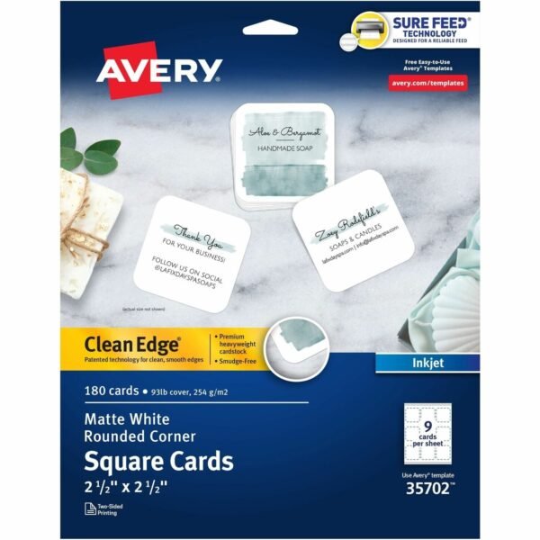 Avery Clean Edge Square Cards, Rounded Corners, 2.5" x 2.5" 110 Brightness - 8 1/2" x 11" - 93 lb Basis Weight - 254 g/m² Grammage - Matte - Printable, Rounded Corner, Die-cut,...