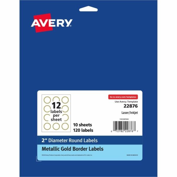 Avery® Easy Peel Round Labels 2" Diameter - Permanent Adhesive - Round - Inkjet, Laser - White, Metallic Gold - Paper - Peel-off, Curl Resistant, Stick & Stay, Pop Up Edge, Tear...