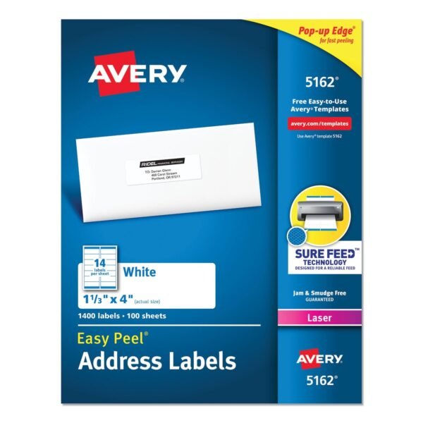 Avery Easy Peel White Address Labels w/ Sure Feed Technology, Laser Printers, 1.33 x 4, White, 14/Sheet, 100 Sheets/Box (5162)