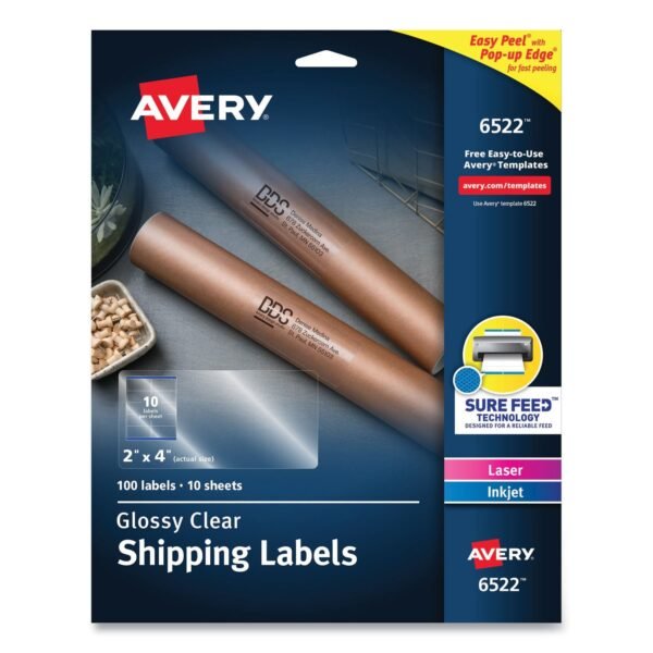 Avery Glossy Clear Easy Peel Mailing Labels w/ Sure Feed Technology, Inkjet/Laser Printers, 2 x 4, Clear, 10/Sheet, 10 Sheets/Pack (6522)