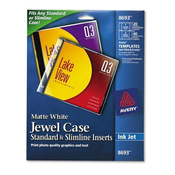 Avery Inkjet CD/DVD Jewel Case Inserts, Matte White, 20/Pack (8693)