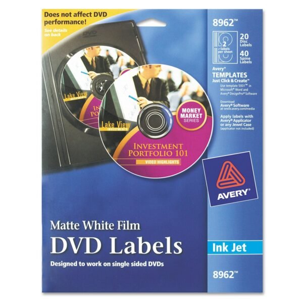 Avery Inkjet DVD Labels, Matte White, 20/Pack (8962)