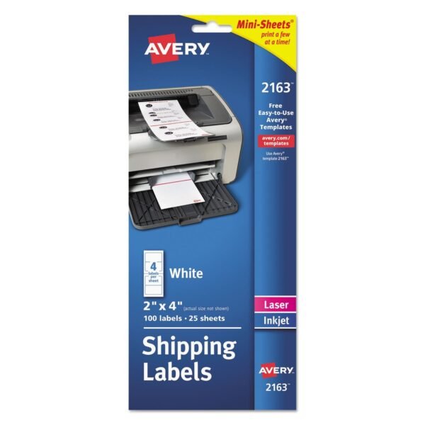 Avery Mini-Sheets Mailing Labels, Inkjet/Laser Printers, 2 x 4, White, 4/Sheet, 25 Sheets/Pack (2163)