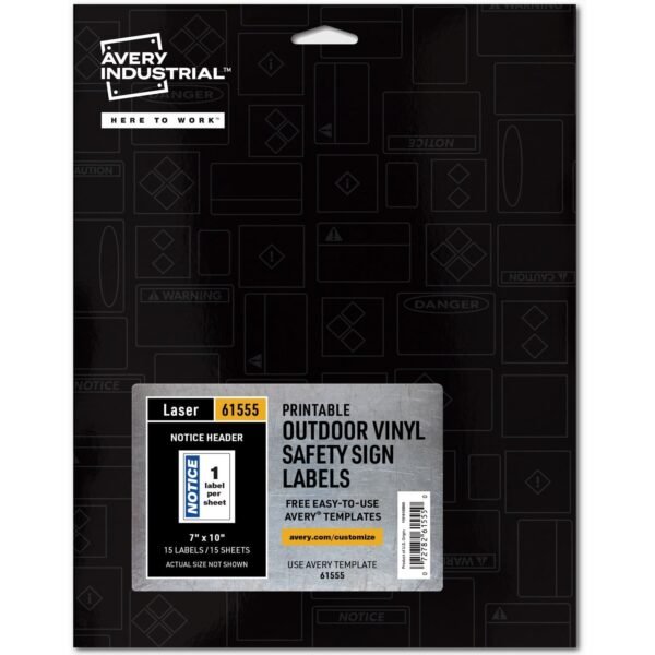 Avery® NOTICE Header Self-Adhesive Outdoor Sign Waterproof - NOTICE - 7" Width x 10" Length - Permanent Adhesive - Rectangle - Laser - White - Vinyl - Print-to-the Edge,...