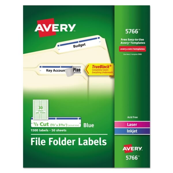 Avery Permanent TrueBlock File Folder Labels with Sure Feed Technology, 0.66 x 3.44, Blue/White, 30/Sheet, 50 Sheets/Box (5766)
