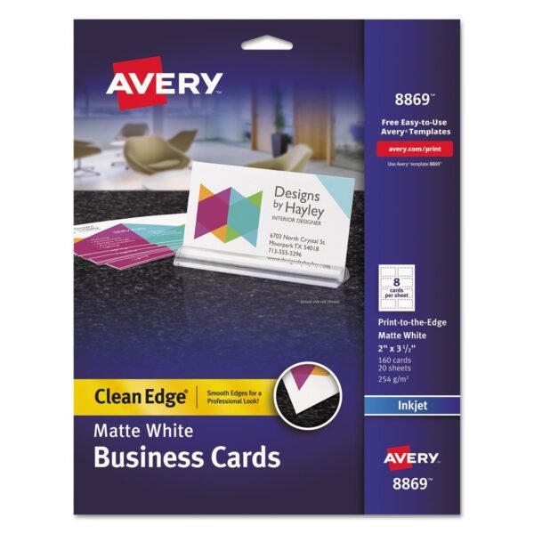 Avery Print-to-the-Edge True Print Business Cards, Inkjet, 2 x 3.5, White, 160 Cards, 8 Cards Sheet, 20 Sheets/Pack (8869)