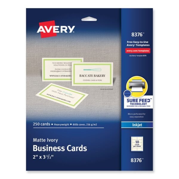 Avery Printable Microperforated Business Cards w/Sure Feed Technology, Inkjet, 2 x 3.5, Ivory, 250 Cards, 10/Sheet, 25 Sheets/Pack (8376)