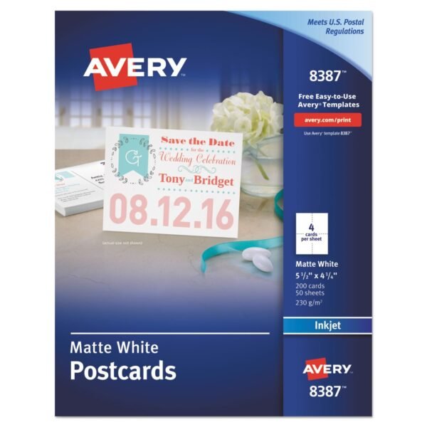 Avery Printable Postcards, Inkjet, 85 lb, 4.25 x 5.5, Matte White, 200 Cards, 4 Cards/Sheet, 50 Sheets/Box (8387)
