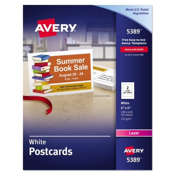 Avery Printable Postcards, Laser, 80 lb, 4 x 6, Uncoated White, 100 Cards, 2/Cards/Sheet, 50 Sheets/Box (5389)