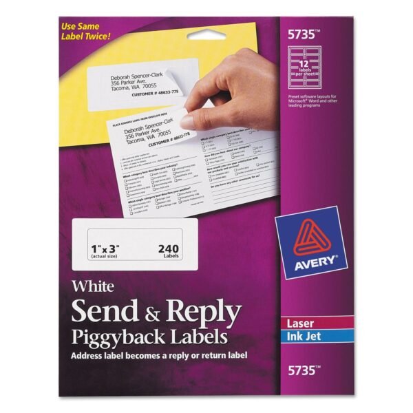Avery Send and Reply Piggyback Labels, Inkjet/Laser Printers, 1.63 x 4, White, 12/Sheet, 20 Sheets/Pack (5735)