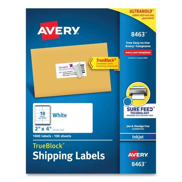 Avery Shipping Labels w/ TrueBlock Technology, Inkjet Printers, 2 x 4, White, 10/Sheet, 100 Sheets/Box (8463)