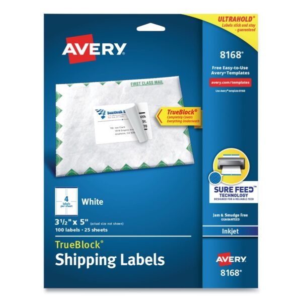 Avery Shipping Labels w/ TrueBlock Technology, Inkjet Printers, 3.5 x 5, White, 4/Sheet, 25 Sheets/Pack (8168)