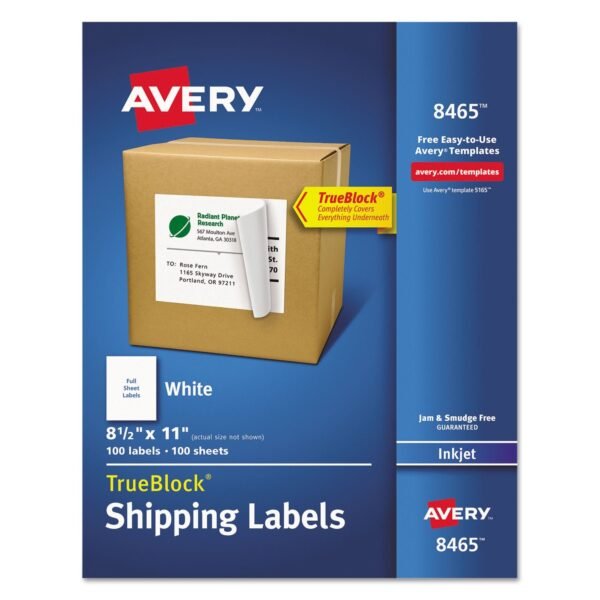 Avery Shipping Labels with TrueBlock Technology, Inkjet Printers, 8.5 x 11, White, 100/Box (8465)