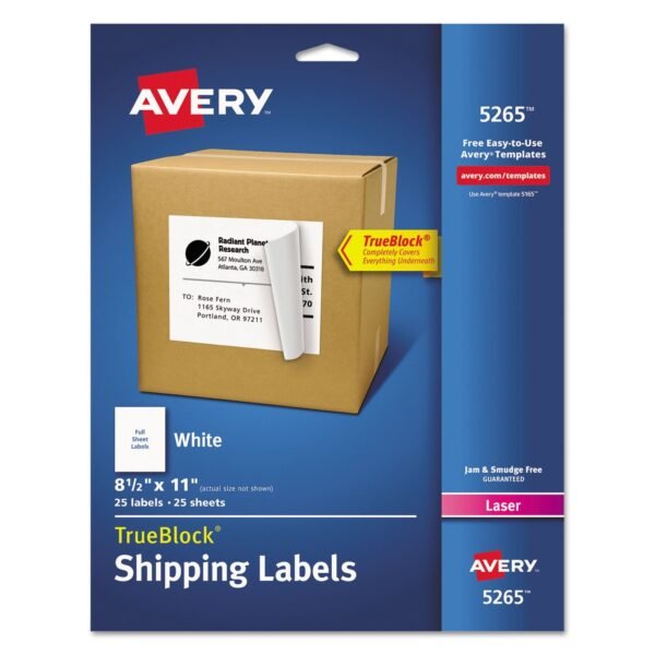 Avery Shipping Labels with TrueBlock Technology, Laser Printers, 8.5 x 11, White, 25/Pack (5265)