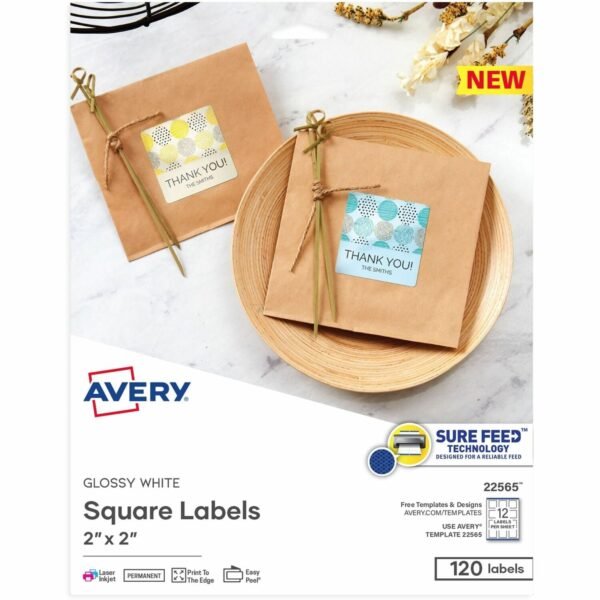 Avery® Sure Feed Glossy White Square Labels Waterproof - 2" Width x 2" Length - Permanent Adhesive - Square - Inkjet, Laser - Glossy White - White - Paper - 12 / Sheet - 12...