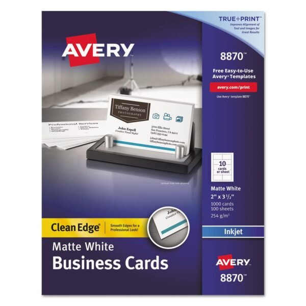 Avery True Print Clean Edge Business Cards, Inkjet, 2 x 3.5, White, 1,000 Cards, 10 Cards/Sheet, 100 Sheets/Box (8870)