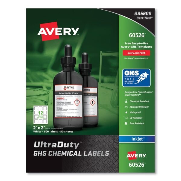 Avery UltraDuty GHS Chemical Waterproof and UV Resistant Labels, 2 x 2, White, 12/Sheet, 50 Sheets/Pack (60526)