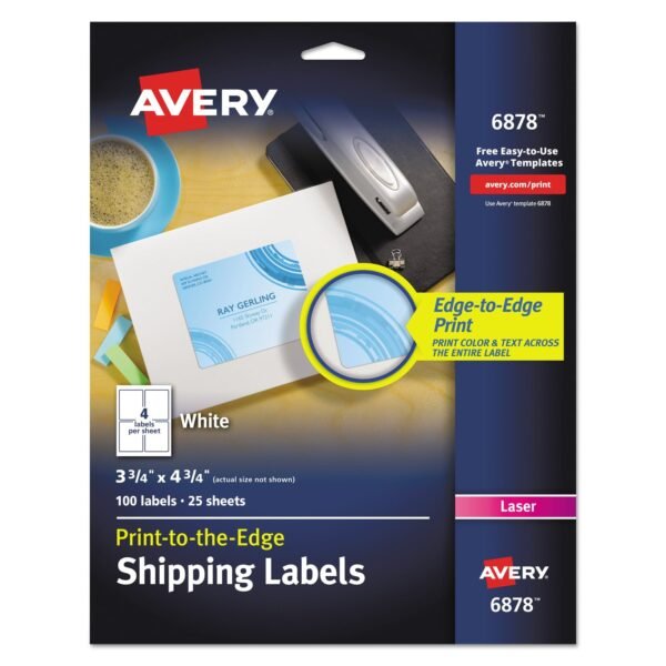 Avery Vibrant Laser Color-Print Labels w/ Sure Feed, 3.75 x 4.75, White, 100/PK (6878)