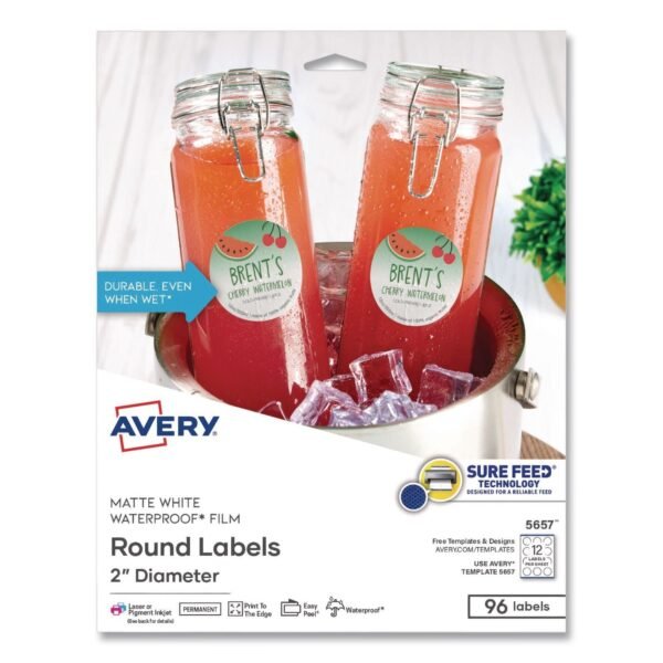 Avery Waterproof Round Labels with Sure Feed Technology, Laser/Pigment-Based Inkjet, 2" dia, Matte White, 12/Sheet, 8 Sheets/Pack (05657)