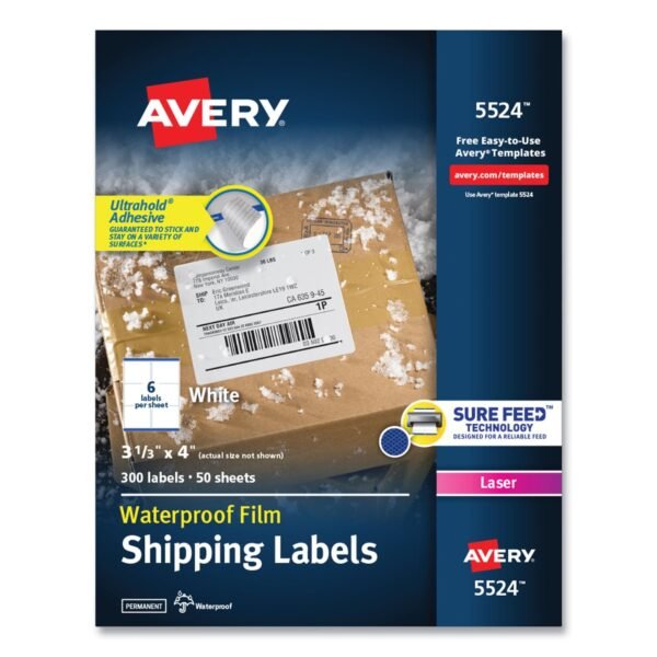 Avery Waterproof Shipping Labels with TrueBlock and Sure Feed, Laser Printers, 3.33 x 4, White, 6/Sheet, 50 Sheets/Pack (5524)