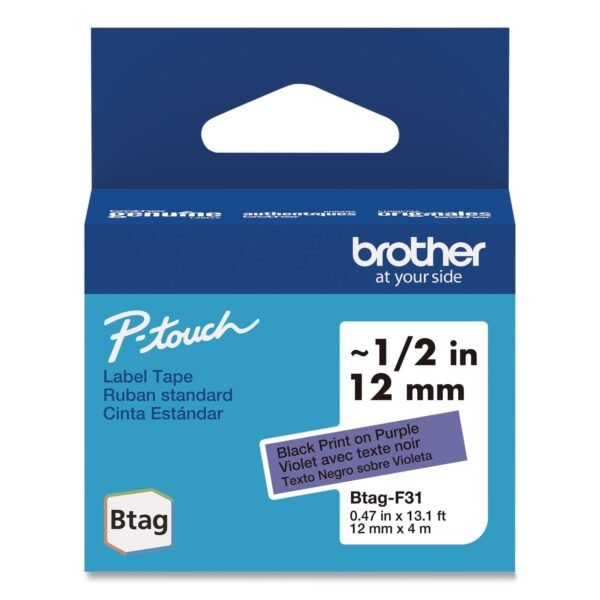 Brother Genuine P-Touch BTAG Label Tapes, 0.47" x 13.1 ft, Black on Purple (BTAGF31)