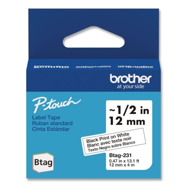Brother Genuine P-Touch BTAG Label Tapes, 0.47" x 13.1 ft, Black on White (BTAG231)