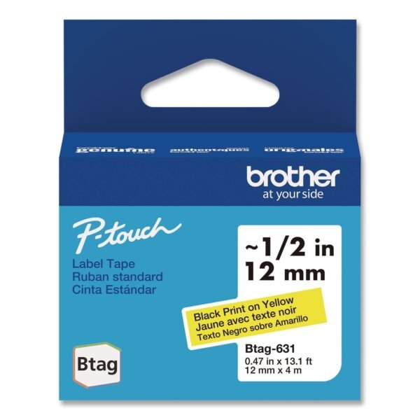 Brother Genuine P-Touch BTAG Label Tapes, 0.47" x 13.1 ft, Black on Yellow (BTAG631)