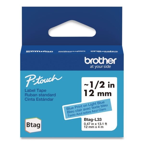 Brother Genuine P-Touch BTAG Label Tapes, 0.47" x 13.1 ft, Blue on Light Blue (BTAGL33)