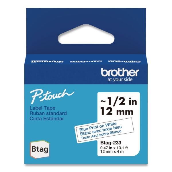 Brother Genuine P-Touch BTAG Label Tapes, 0.47" x 13.1 ft, Blue on White (BTAG233)