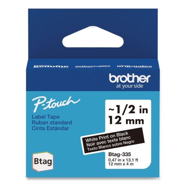 Brother Genuine P-Touch BTAG Label Tapes, 0.47" x 13.1 ft, White on Black (BTAG335)
