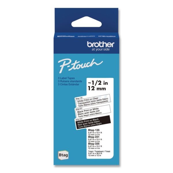 Brother Genuine P-Touch BTAG Label Tapes, 0.47" x 13.1 ft, White on Clear, Black on White, White on Black, 3/Pack (BTAG3M01)
