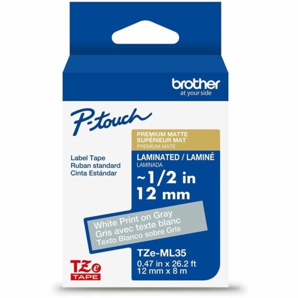 Brother Label Tape x 15/32" Width - Tape - Permanent Adhesive - Matte Gray - Water Resistant - Laminated - Abrasion Resistant, Fade Resistant, Damage Resistant, Chemical...