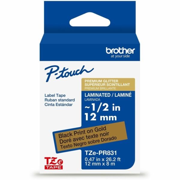 Brother Multipurpose Label x 15/32" Width - Tape - Permanent Adhesive - Glitter Gold - Water Resistant - Laminated - Abrasion Resistant, Fade Resistant, Damage Resistant,...