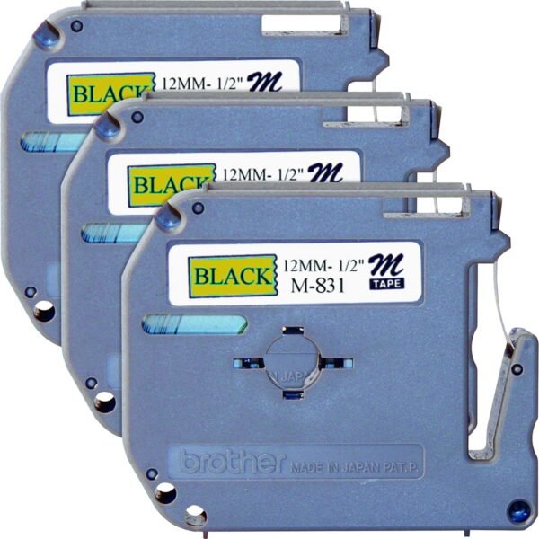 Brother P-touch Nonlaminated M Series Tape Cartridge 1/2" - Rectangle - Black - 3 / Bundle (M831BD)