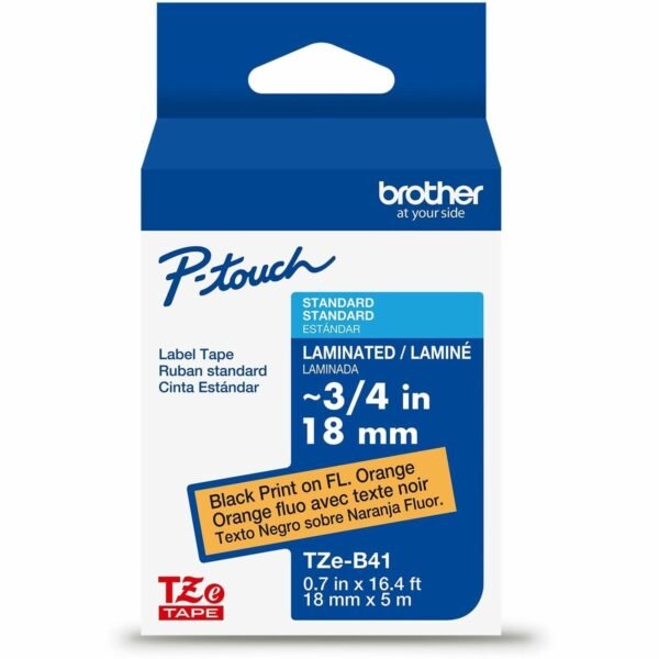 Brother P-touch TZe Label Tape x 45/64" Width - Tape - Fluorescent Orange - Water Resistant - Laminated - 16.40 ft Roll Length - 1 / Each (TZEB41G)