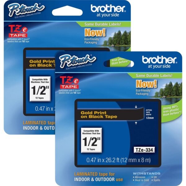 Brother P-touch TZe Laminated Tape Cartridges x 1/2" Width - Black - Water Resistant - Laminated - Grease Resistant, Grime Resistant, Temperature Resistant - 2 / Bundle (TZE334BD)